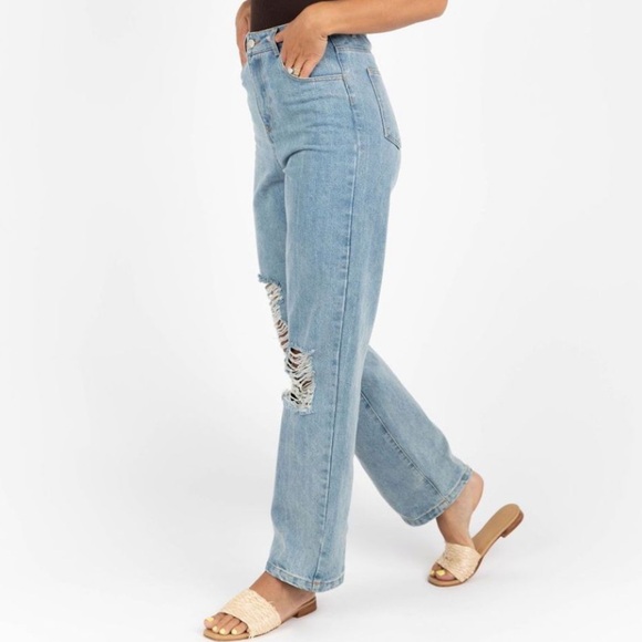 Kittenish Liza Straight Leg High Rise Distressed Light Wash Jeans - Picture 4 of 11